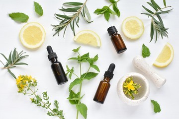 Alternative medicine concept, phytotherapy, natural treatment, herbs, lemon, oils, mortar and...