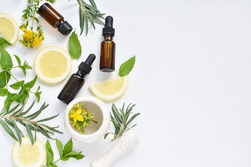Alternative medicine, phytotherapy, natural cosmetic, herbal treatment, flat lay with essential oil and extract in brown bottles, fresh herbs, lemon slices, mortar and pestle, copy space. - obrazy, fototapety, plakaty