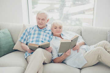 Portrait of her she his he two nice attractive focused concentrated peaceful calm spouses sitting on divan reading new interesting book in light white interior living-room indoors