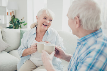 Portrait of her she his he two nice attractive cheerful cheery glad positive spouses discussing...
