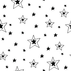 Hand drawn monochrome seamless pattern with doodle stars. 