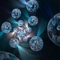 Computer digital fractal art design, abstract fractals fantastic shapes, blue glass bubbles with silk fluffs