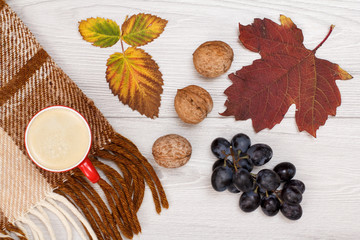 Autumn theme. Plaid, dry leaves, cup of coffee, grapes and walnuts on wooden background.