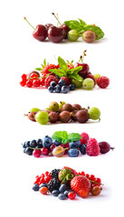 Set of fresh berries isolated a white. Currant, raspberry, cherry, strawberry, gooseberry, mulberry, bilberry, blueberry. Background of mix fruits with copy space for text.