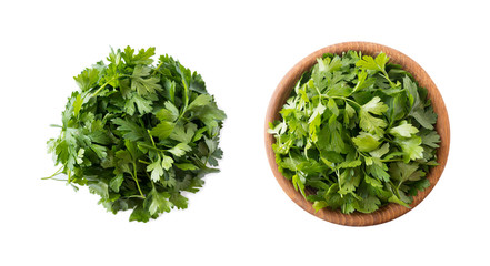 Parsley isolated on white background. Top view. Parsley leaves with copy space for text. Herbs isolated on white. Parsley leaves on white background.