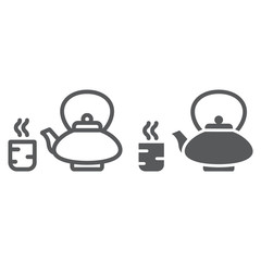Japanese tea line and glyph icon, asian and drink, kettle and cup sign, vector graphics, a linear pattern on a white background.