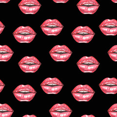 Illustration of watercolor pattern red lips on black background