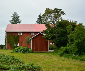 Fototapeta na wymiar red rustic wooden house in nature in finland