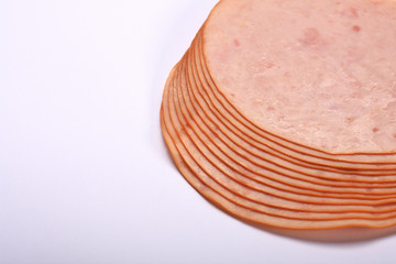 Smoked slices ham isolated on white with copy space