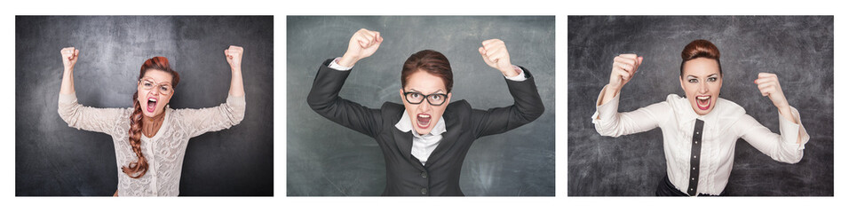 Set of Angry screaming woman on the blackboard