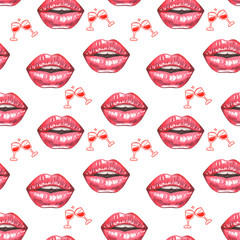 Illustration of watercolor pattern red lips on white background