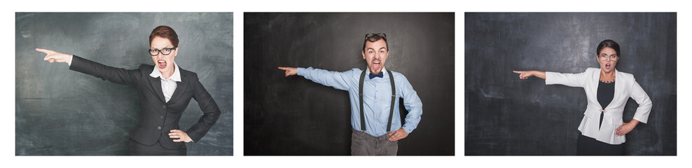 Set of angry screaming people pointing out on blackboard