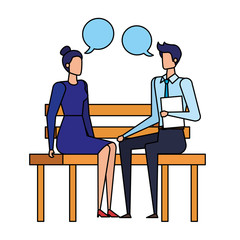 business couple seated in the park chair with speech bubbles