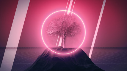 Synthwave dystopian tree with rocks and neon circle 