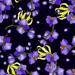 Tapeten Orchidee Nahtlose Vintage-Textur. Botanische Abbildung. Vektorgrafiken. Schöne nahtlose Vorlage auf lila Orchideenblüten-Haut-Stil-Hintergrund.