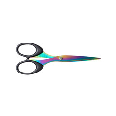 sharp rainbow colored scissor with black plastic handle isolated on white, top view