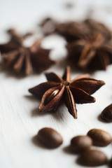 Close-up star anise and coffee beans on a white background