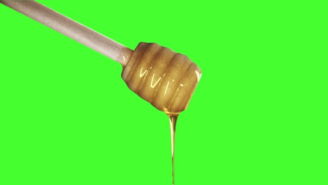Honey dripping from honey dipper on green screen