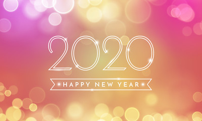 Happy New Year greeting card of 2020 confetti text and bokeh light on pink and vector golden background for Christmas holiday celebration