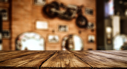 Table background with blurred barber salon shop view. Empty space for decoration and advertising products.