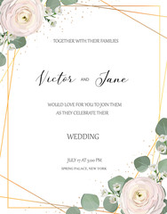 wedding invitation template,rose, ranunculus, chamelaucium, pink flowers and decorative eucaliptus leaves greeting design card.  design concept