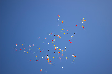 Many balloons fly in the sky. Festive balloons released by people into the air.