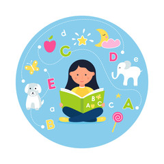 Girl Reading ABC Book. Concept of Teaching Reading through Phonics