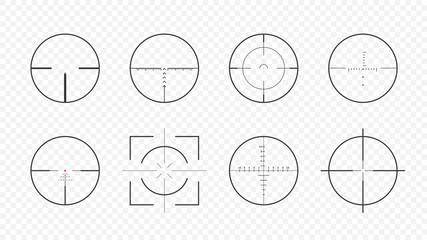 Weapon realistic aim scopes collection. Aiming scope crosshair on transparent background. Militari realistic weapon optical sights. 