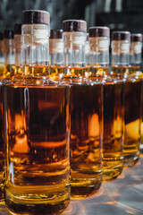 Small liquor production based on maple syrup. Multitude of pure alcohol bottles not labeled....