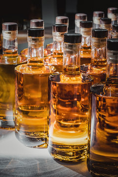 Small liquor production based on maple syrup. Multitude of pure alcohol bottles not labeled. Bottles placed in a row.