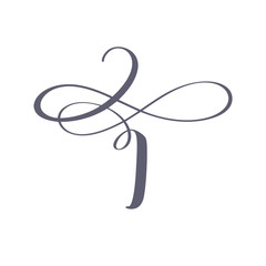 Vector Hand Drawn calligraphic floral I monogram or logo. Uppercase Hand Lettering Letter I with swirls and curl. Wedding Floral Design