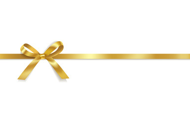 Golden satin bows with horizontal ribbon isolated on white background. Vector holiday decoration.