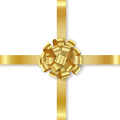 Golden curly gift bow with ribbons isolated on white background. Vector realistic element for design.