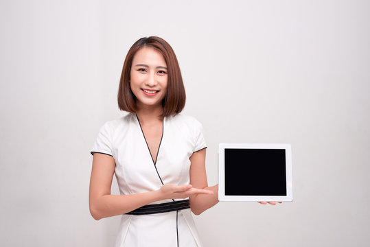 Asian Business Woman Holding Ipad Tablet