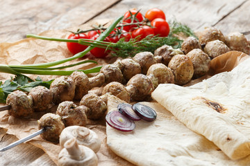 grilled champignon mushrooms, selective focus