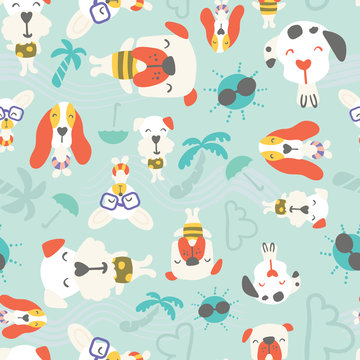 Seamless pattern of cute puppies/ dogs on vacation enjoying summer time on mint background