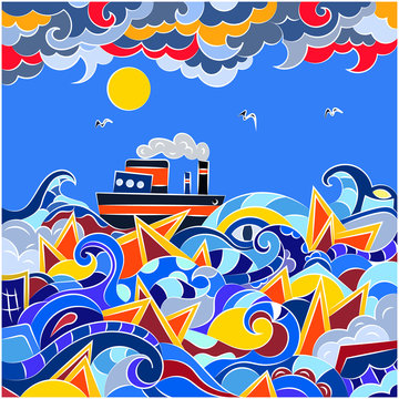 Abstract drawing in the style of a dudling sea, waves and sky. Nature in an abstract style.