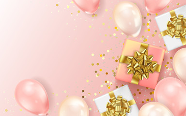 Holiday background with  gift boxes and balloons, golden confetti. Vector illustration.