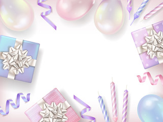 Holiday background with colorful  gift boxes and balloons, confetti, candle.  Vector illustration. Top view. 