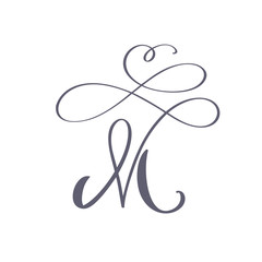 Vector Hand Drawn calligraphic floral M monogram or logo. Uppercase Hand Lettering Letter M with swirls and curl. Wedding Floral Design