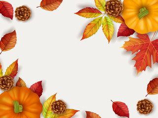 Horizontal banner flyer with pumpkins, leaves on white background. Top view. Vector illustration for seasonal holiday greeting card design.