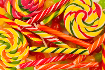 Colorful candies background. Lollipop. Top view.