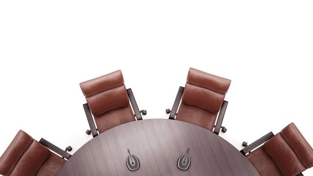 Round Conference Table On White Background. Camera Rotates 360 Degrees. Top View. Loopable 60 FPS Animation.