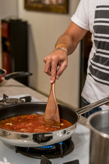 Tomato sauce is prepared to cook for spaghetti or pasta