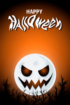 Happy Halooween vector illustration with scary smiling moon on orange night sky with spooky forest for poster, banner, holiday sales, celebration invitation, horror background, flame and fire, evil