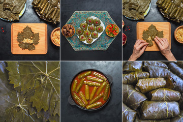 Collage showing of cooking dolma of grape leaves