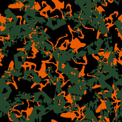 Urban UFO camouflage of various shades of black, orange and green colors