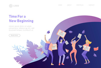 Set of web page design templates with smiling graduates people in graduation gowns holding diplomas and happy Jumping. Modern vector illustration concepts for website and mobile website development