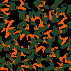 Urban UFO camouflage of various shades of black, orange and green colors