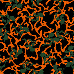 Urban UFO camouflage of various shades of black, orange and green colors